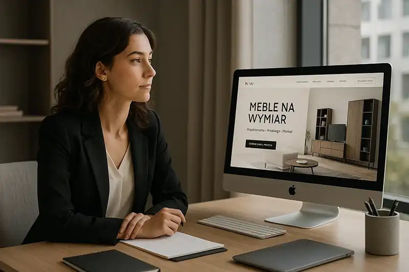 Nowoczesne trendy w projektowaniu stron internetowych na 2024 rok Projektantka przy komputerze przeglądająca nowoczesną stronę internetową sklepu meblowego